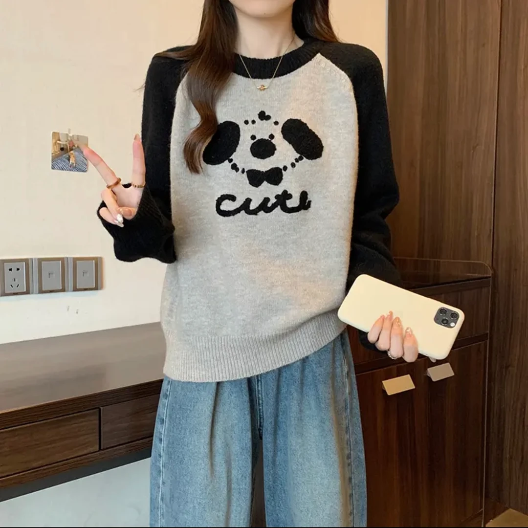 大码慵懒小狗刺绣套头毛衣针织衫女秋冬胖mm宽松显瘦内搭上衣5222