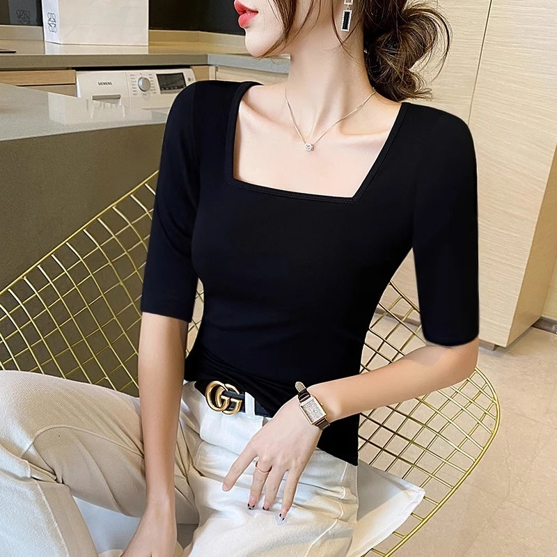 黑色方领中袖五分袖t恤女修身半袖打底衫内搭洋气七分袖上衣秋季