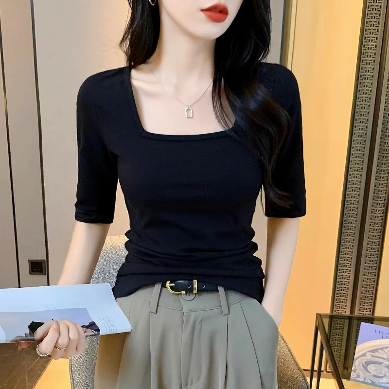 黑色中袖t恤女夏方领五分袖紧身打底衫内搭正肩修身短款上衣半袖