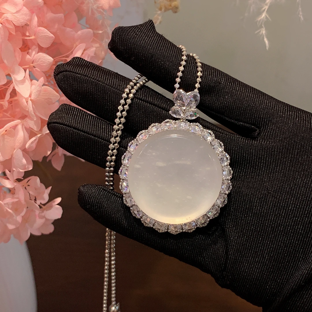 石英质玉圆满无事牌吊坠S925银镶嵌天然小众白冰玉石护心镜挂件