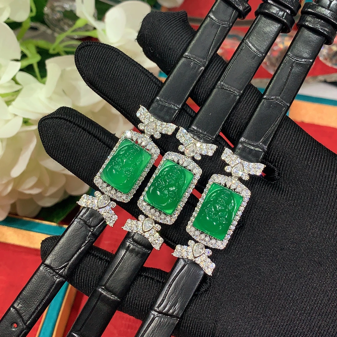 天然绿玉髓财神牌手表带手牌S925银镶嵌小众玉石百搭手饰