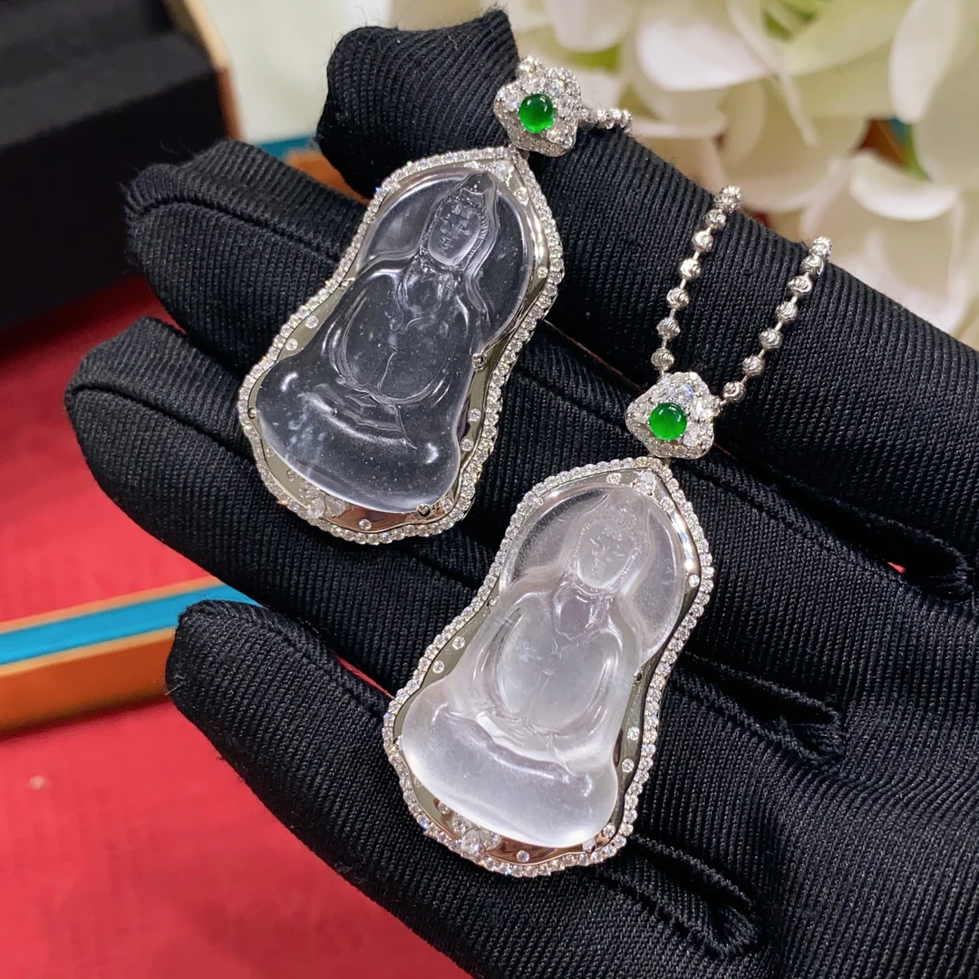 天然石英质玉素衣观音吊坠s925银镶嵌可拆卸后盖两用款日常挂件