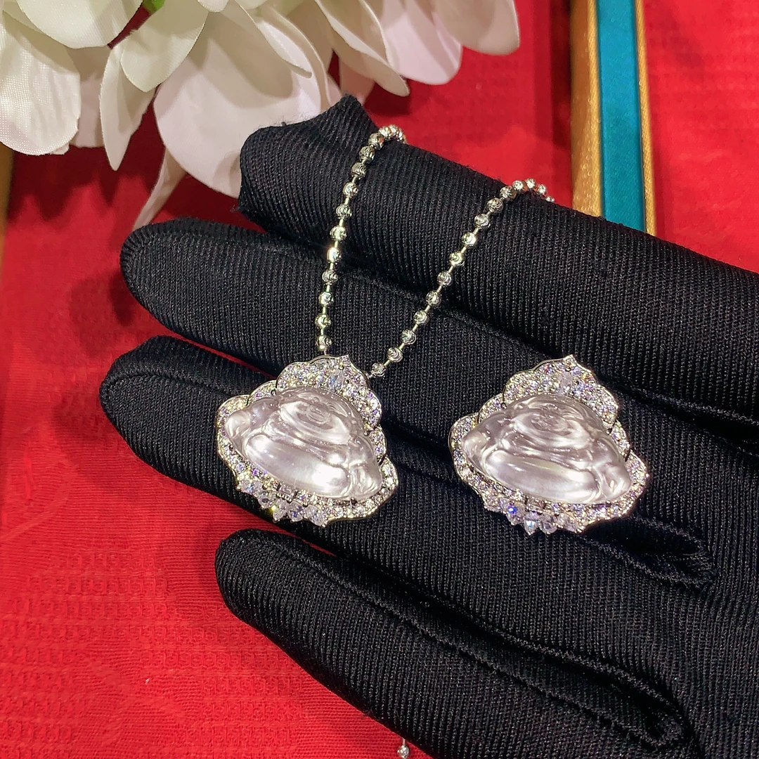 S925精工镶嵌石英质玉新型舒佛吊坠小众玉石高货弥勒佛公时尚挂件