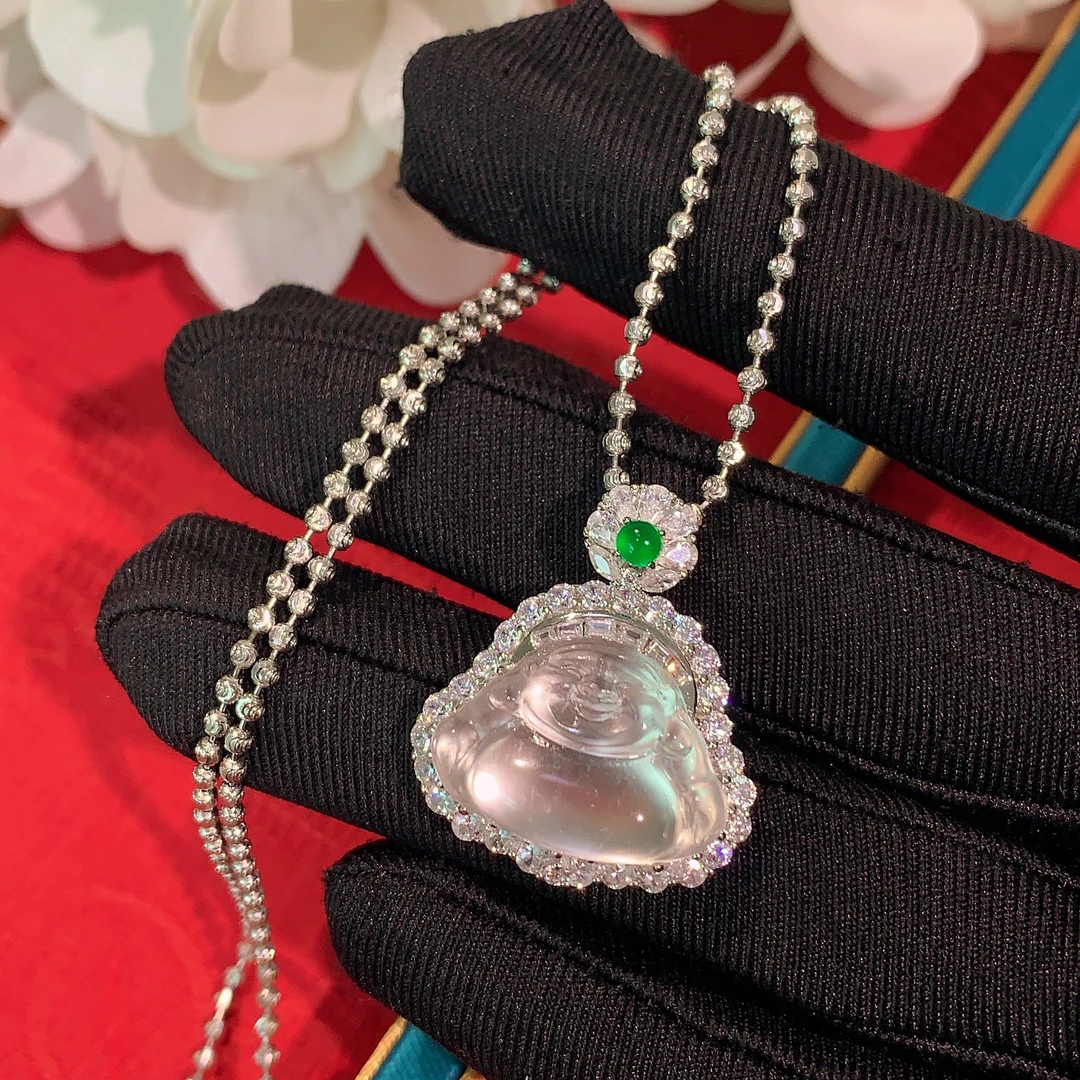 天然石英质玉佛公吊坠s925银镶嵌无乃佛弥勒佛项链日常百搭