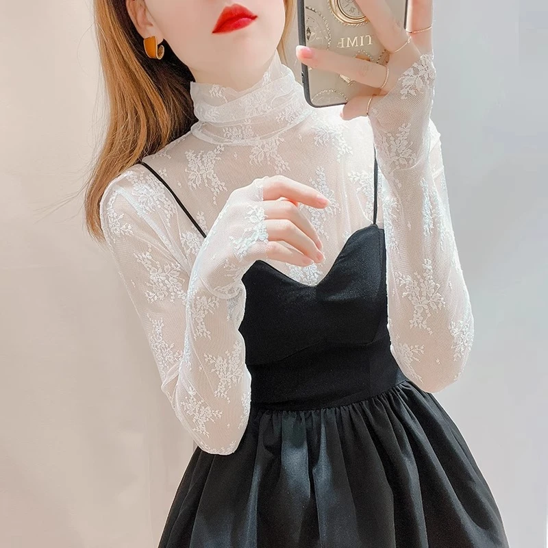 白色蕾丝打底衫女吊带裙内搭透视薄纱上衣秋冬款网纱堆堆洋气纱衣