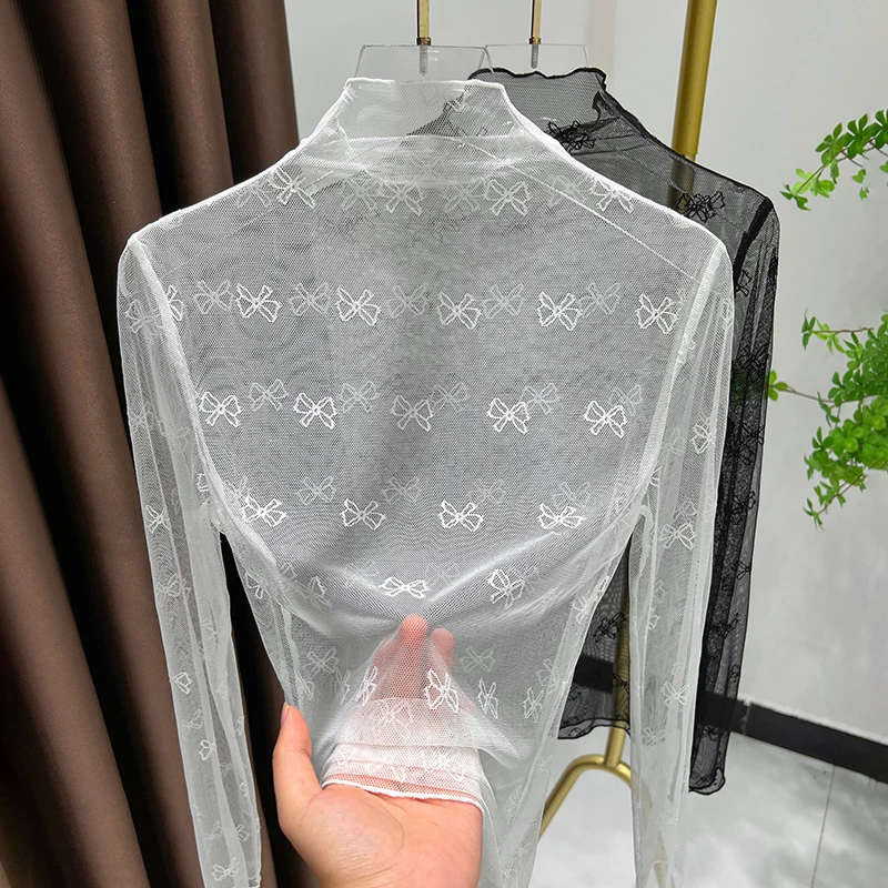 冰丝网纱t恤超薄防晒打底衫女夏长袖凉感透明叠穿内搭半高领纱衣