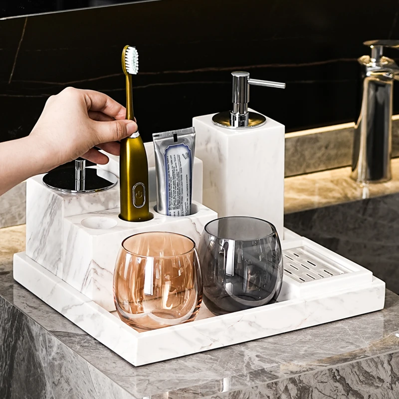 大理石轻奢洗漱套装电动牙刷置物架托盘酒店卫浴用品收纳五件套装