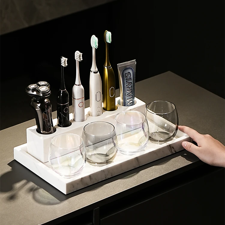 奥洛嘉高档大理石电动牙刷置物架四人漱口杯牙具牙杯洗漱收纳套装