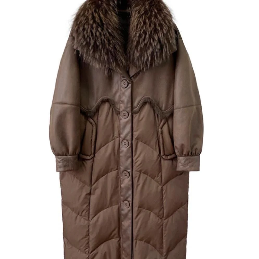 2024新款海宁冬季长款外套貉子毛领兔皮毛一体拼鹅绒女款羽绒服