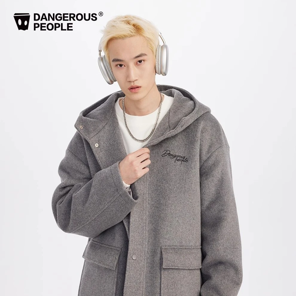 Dangerouspeople薛之谦dsp刺绣标宽松百搭连帽双面绒保暖毛呢大衣