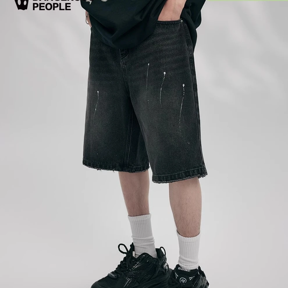 Dangerouspeople薛之谦dsp做旧休闲百搭宽松泼墨直筒牛仔短裤下装
