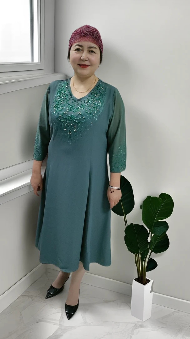 【新疆包邮】时尚气质纯色重手工串珠优雅甜美中老年妈妈连衣裙