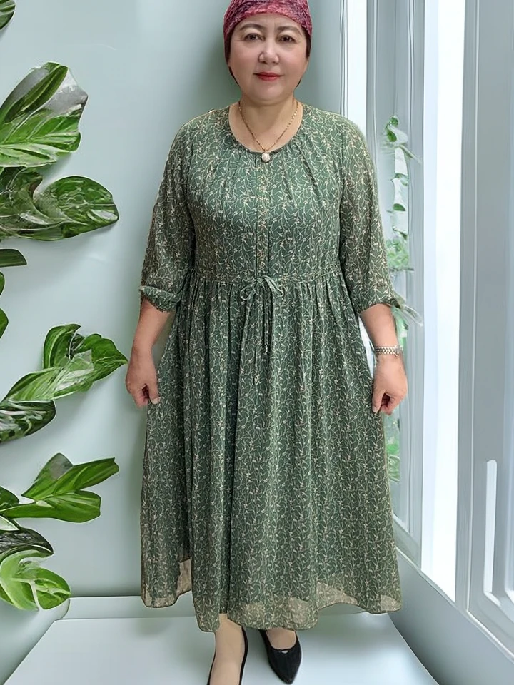 【新疆包邮】1米25裙长夏季宽松大码雪纺碎花烫钻甜美妈妈连衣裙