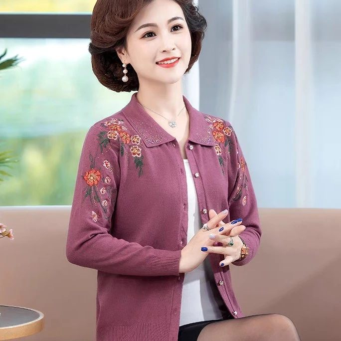 2024春季绣花毛衫新款中老年刺绣妈妈装开衫衫