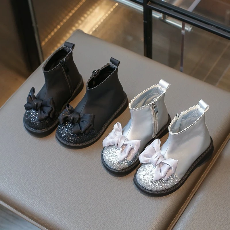 儿童2024秋季新款软底防滑短靴蕾丝蝴蝶结公主皮靴6728