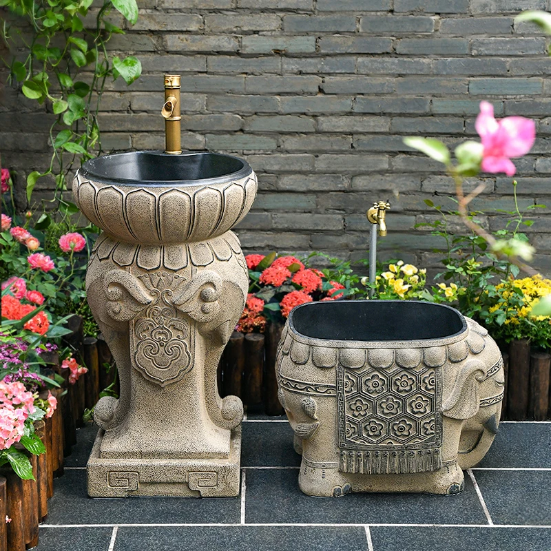 户外创意民宿大象洗手台庭院花园装饰一体立柱盆水槽艺术拖把池