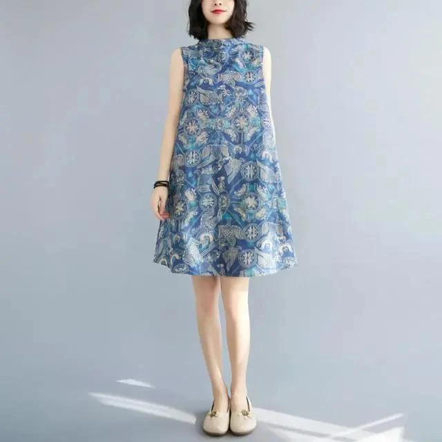 6588#民族风印花无袖圆领盘扣宽松连衣裙中长款碎花A字裙子夏