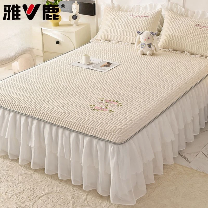 V/雅鹿乳胶冰丝凉席刺绣床裙款席子学生宿舍单人夏季床套罩凉垫