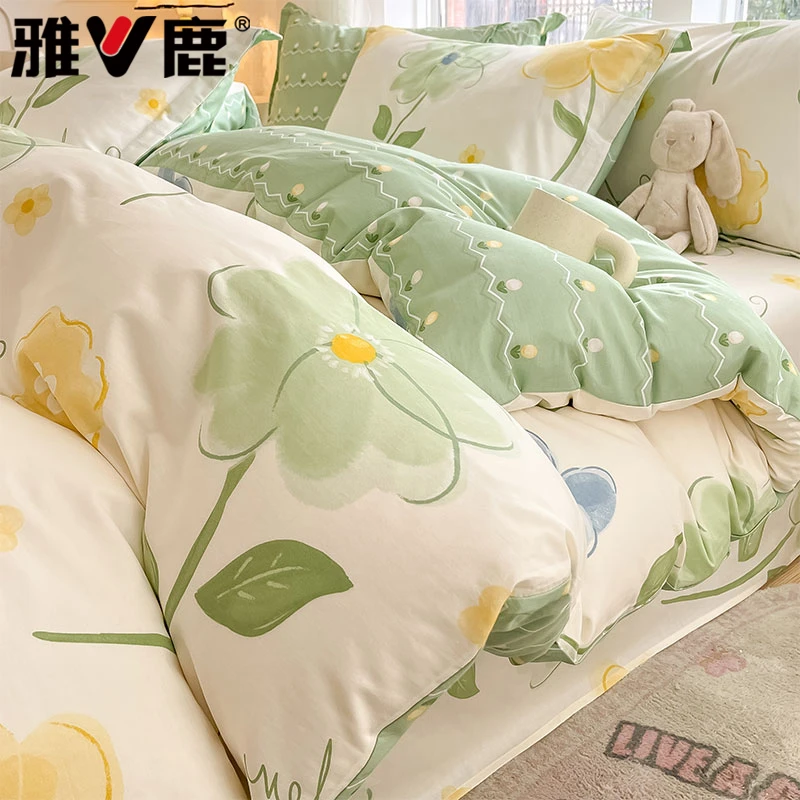 V/雅鹿全棉四件套纯棉被套床单床笠款学生宿舍床上用品三件套新款