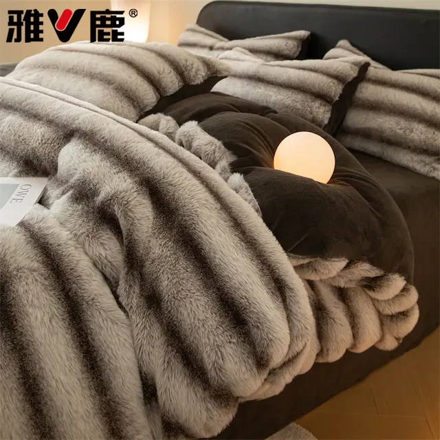 V/雅鹿秋冬兔毛绒牛奶绒四件套双面加绒加厚珊瑚绒床单被套三件套
