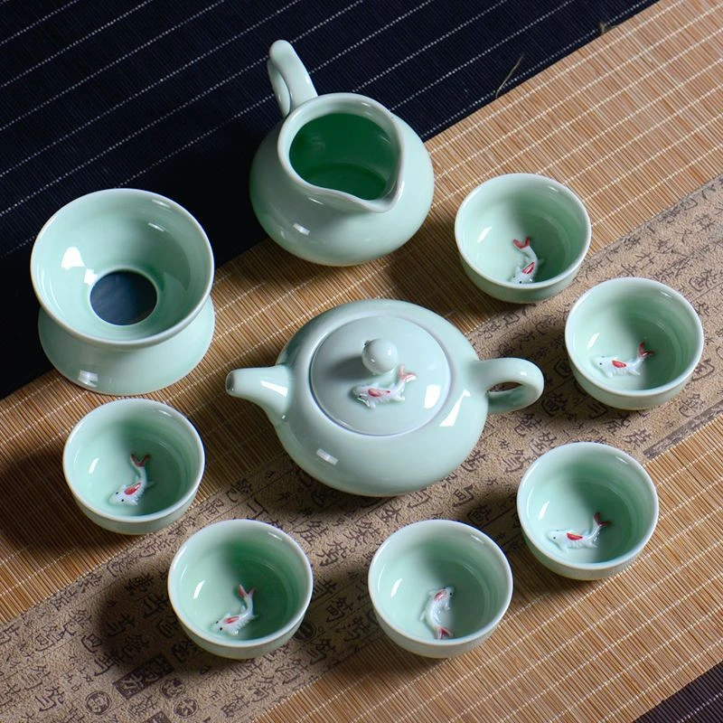 青瓷功夫中式茶具套装陶瓷盖碗茶壶茶杯公道杯鲤鱼家用商务简约装