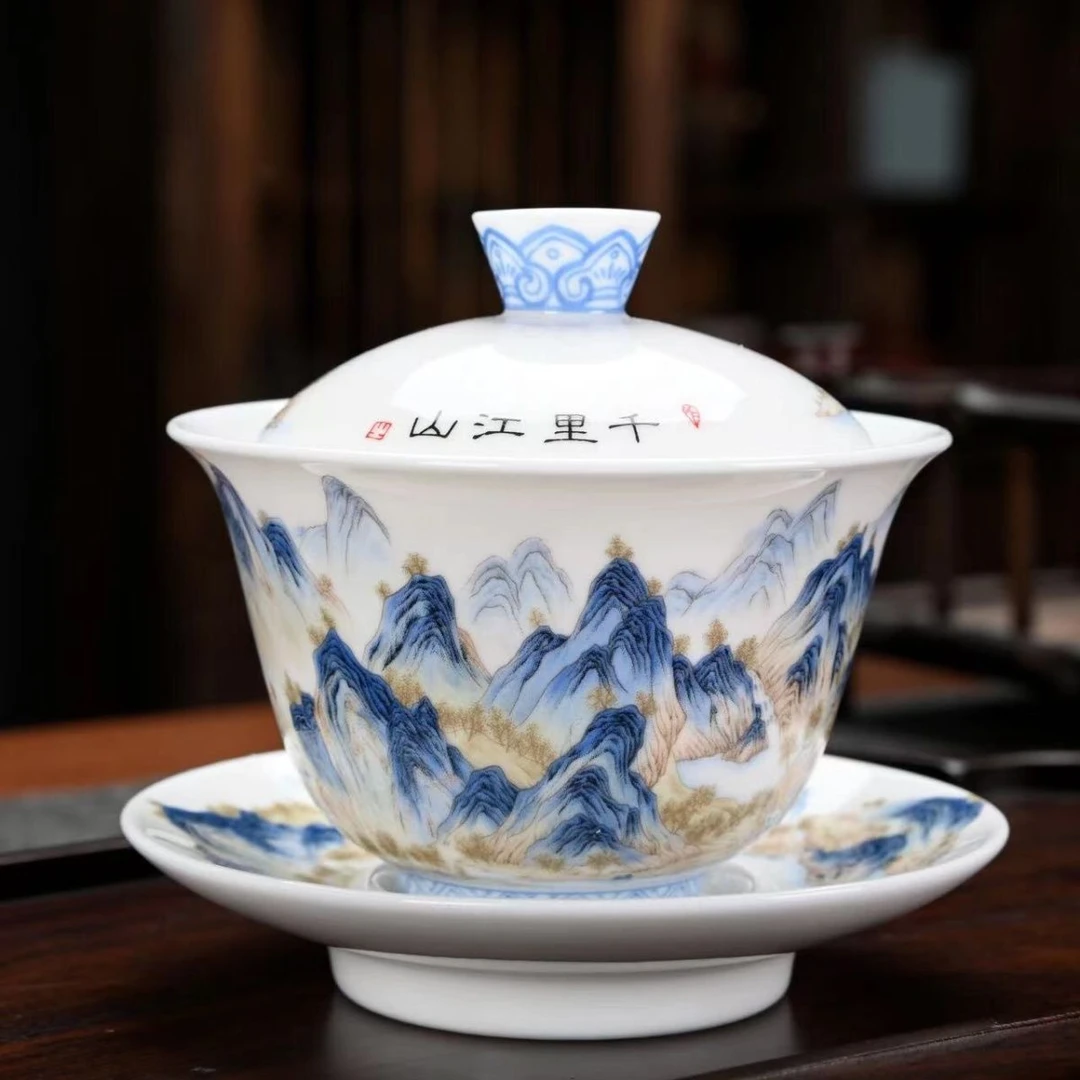 德化白瓷千里江山三才盖碗茶杯单个高档中式羊脂玉茶具泡茶碗带盖