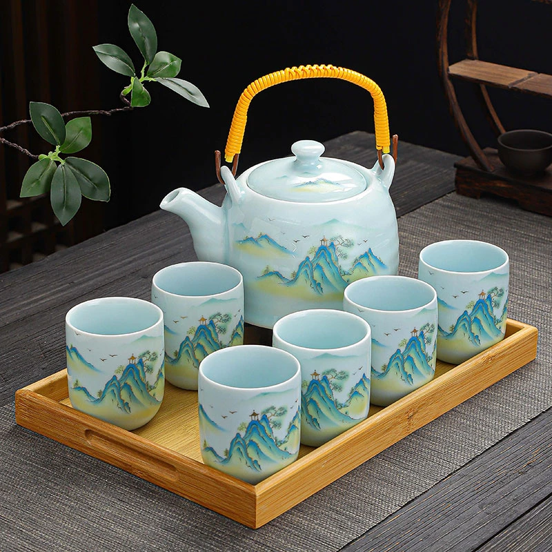 饭店提梁壶套装耐热青瓷茶壶套装大容量提梁壶家用凉水壶泡茶陶瓷