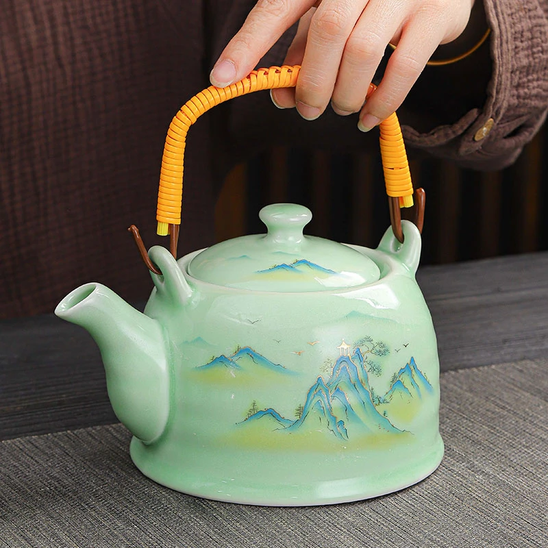 青瓷提梁壶饭店家用泡茶壶单壶凉水壶陶瓷茶壶大容量水壶加厚耐热