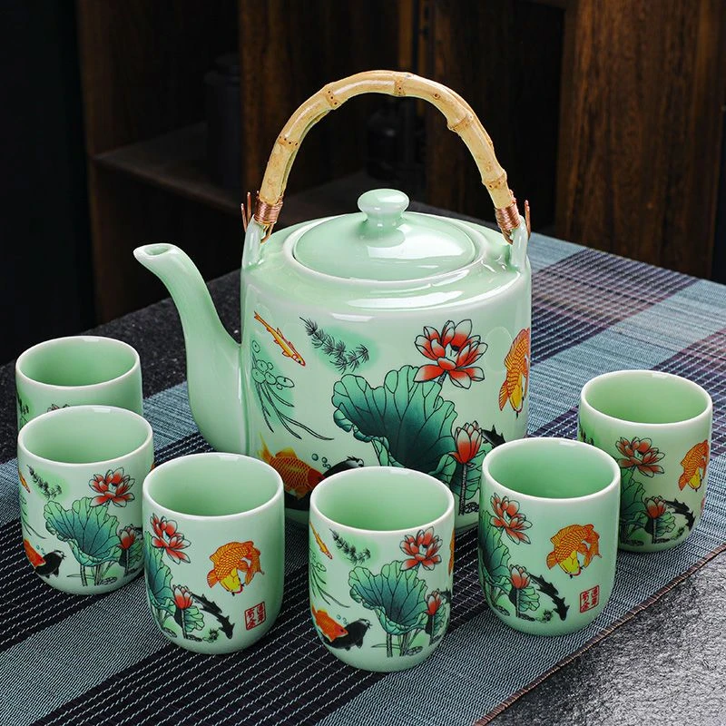 大号泡茶壶茶杯套装青瓷陶瓷茶具家用提梁壶功夫茶具花茶一壶六杯