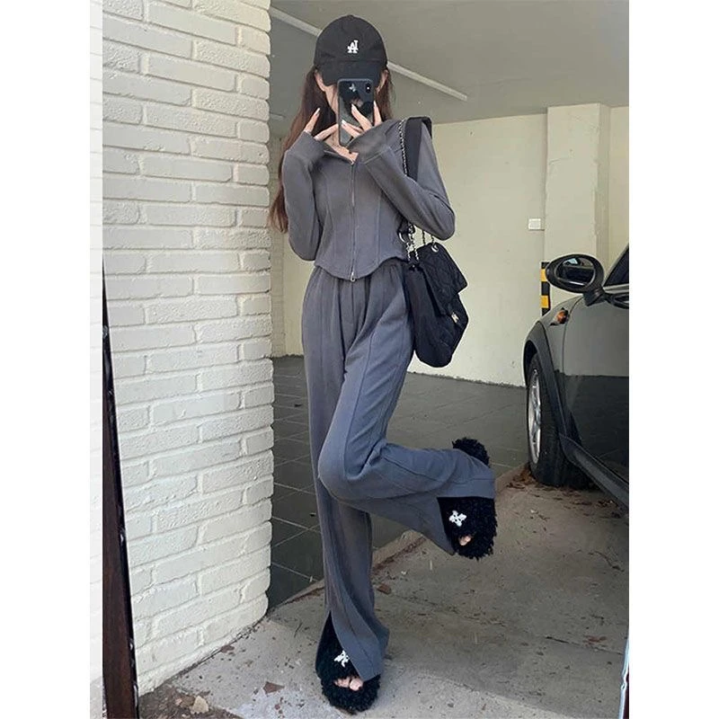 小香风辣妹套装女春秋新款小众连帽收腰卫衣显瘦开叉阔腿裤两件套