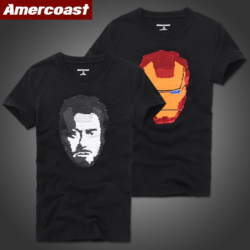 美洲海岸珠片洗水大码男圆领男士T恤绣花双图案个性夏季纯棉T035