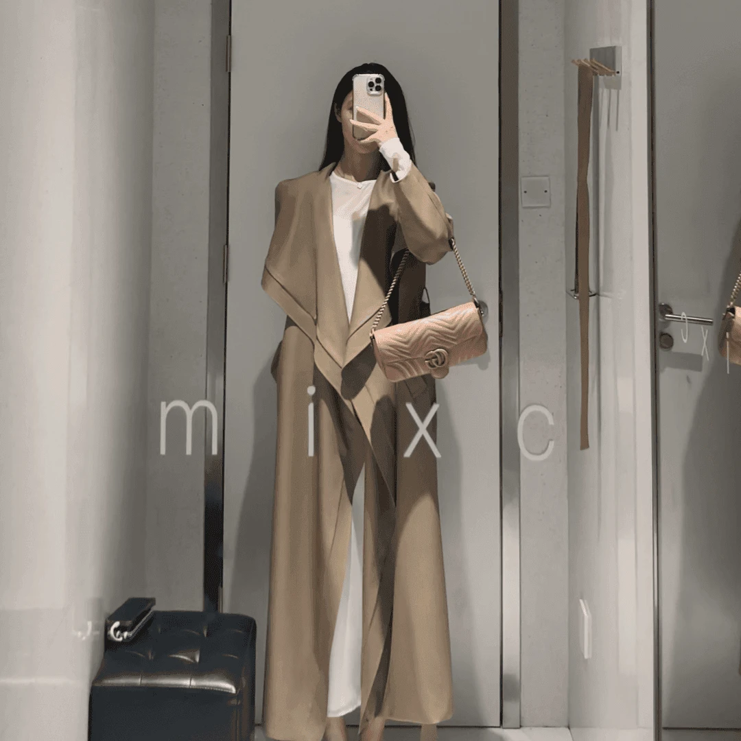 老钱风大翻领收腰风衣外套女2024春秋新款韩系气质中长款过膝大衣