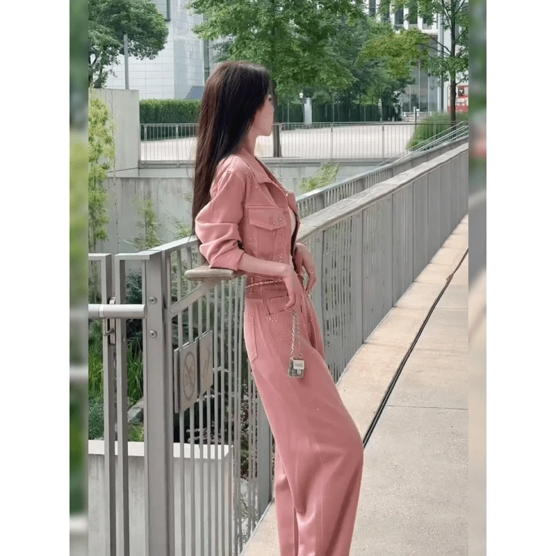 时尚减龄粉色牛仔套装女复古港风外套高腰做旧半身裙两件套早秋季