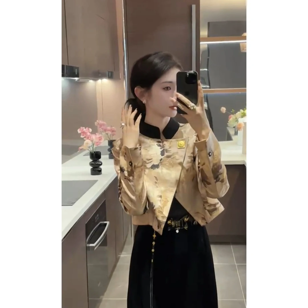 新中式印花外套女装秋冬2024新款气质国风短款上衣休闲阔腿裤套装