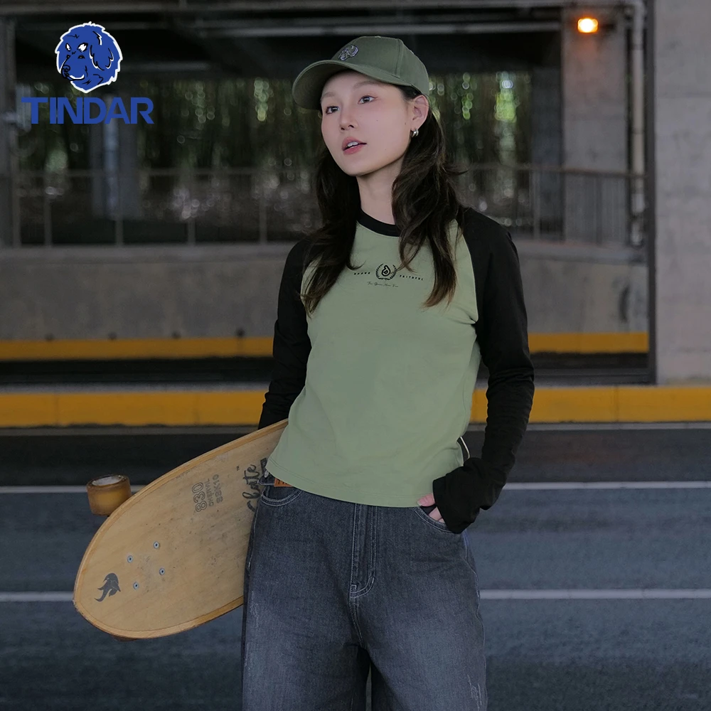 TINDAR天之獒春夏新款女T恤舒适纯棉圆领插肩袖打底休闲长袖上衣