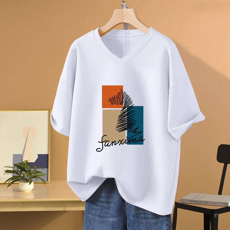 夏季大码oversize宽松胖mm纯棉V领短袖t恤女显瘦遮肚藏肉上衣体恤