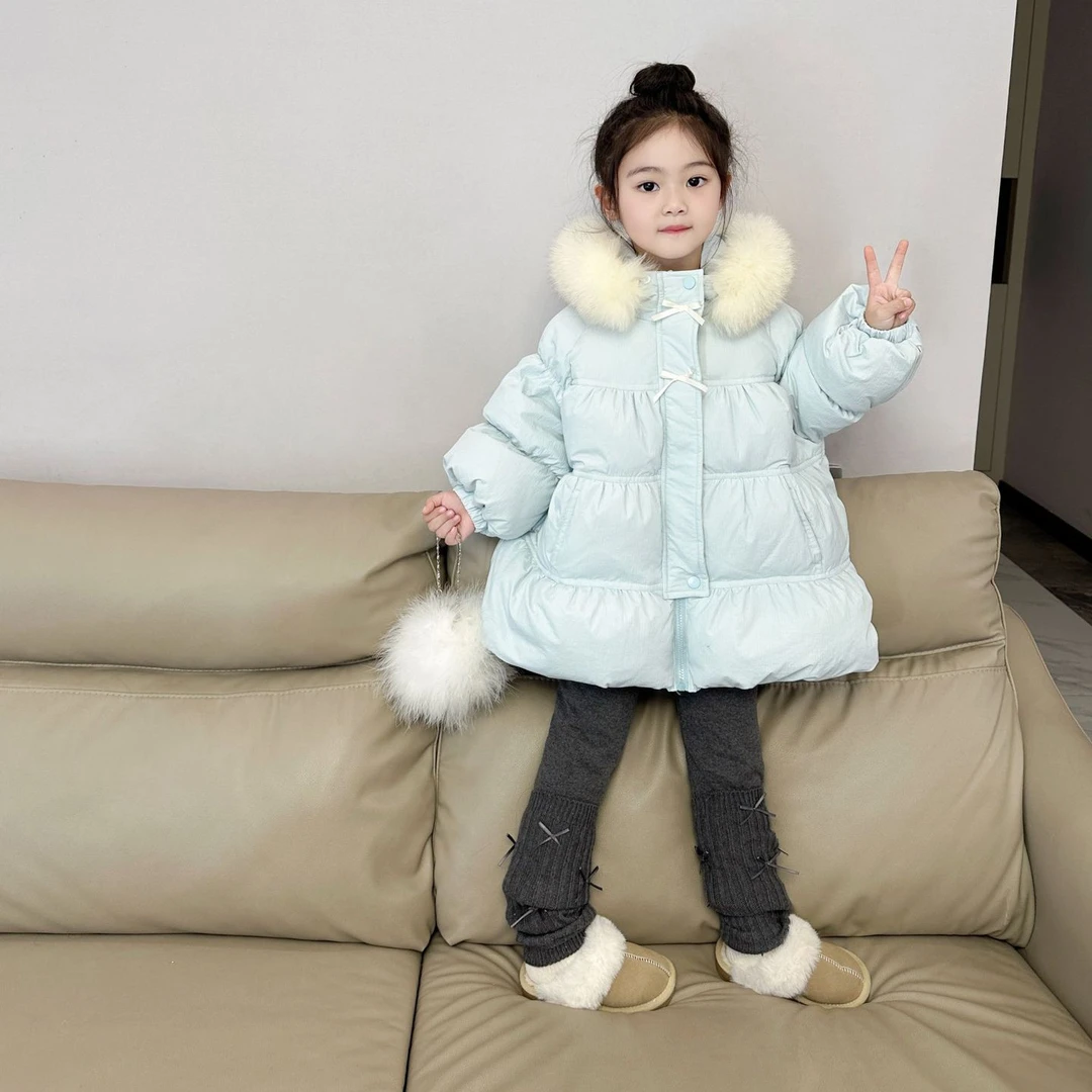 女童大毛领羽绒服2024冬季新款儿童韩版连帽外套中小童保暖上衣潮