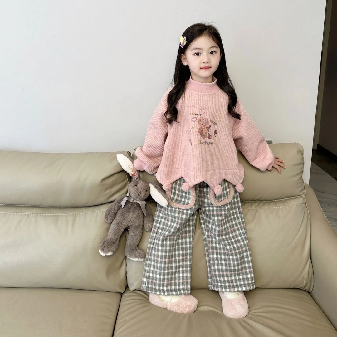 女童深秋套装2024冬季新款儿童韩版清新卫衣中小童格子裤两件套