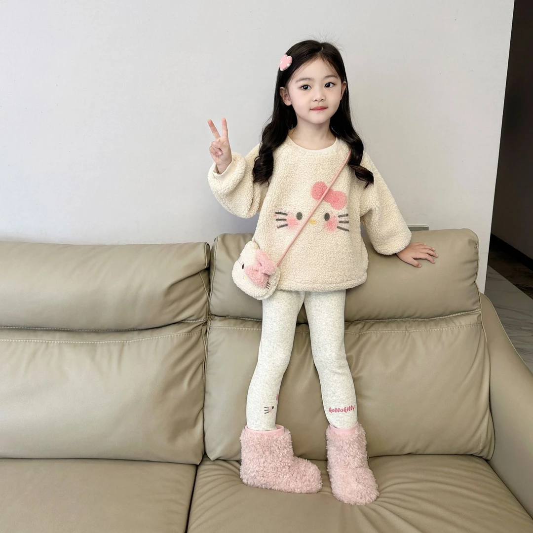 女童深秋套装2024冬季新款儿童韩版kt猫加厚保暖卫衣打底裤两件套