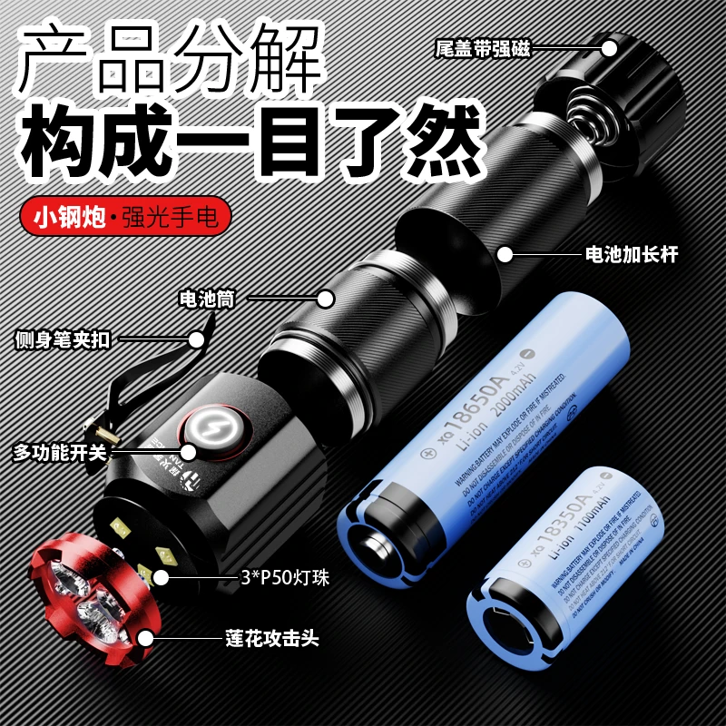 【加长款红头三眼 】探火星耀强光手电筒 MINI强磁超亮德国激光灯