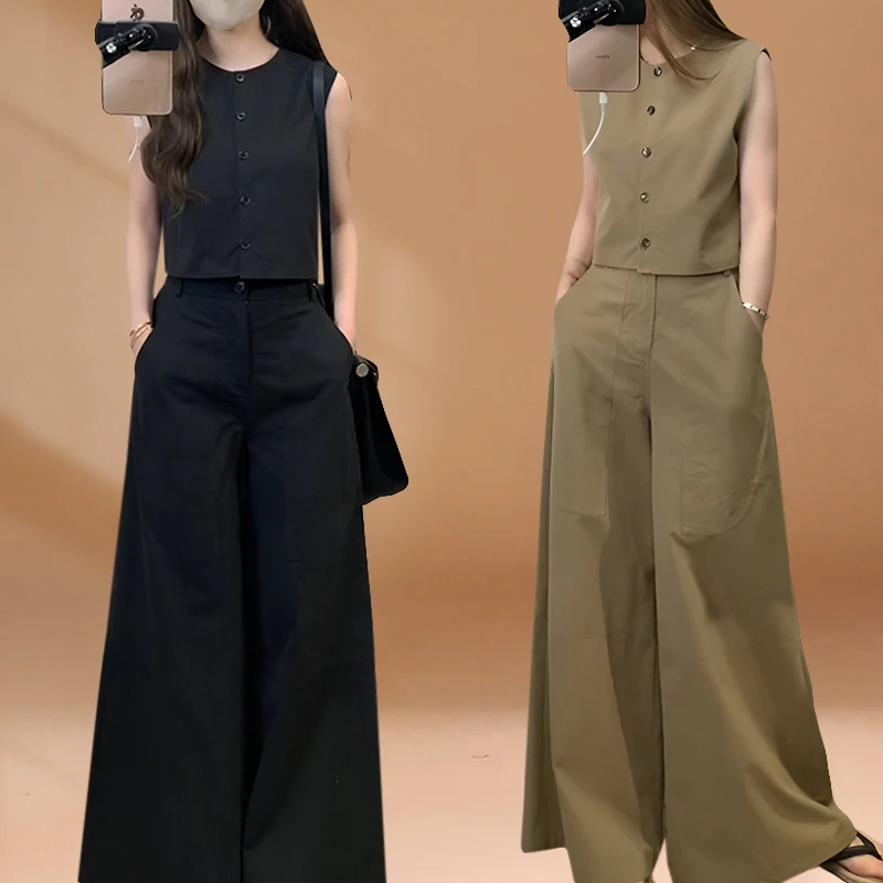 御姐风前后两穿背心马甲时尚女设计流光风亚麻西装马甲阔腿两件套
