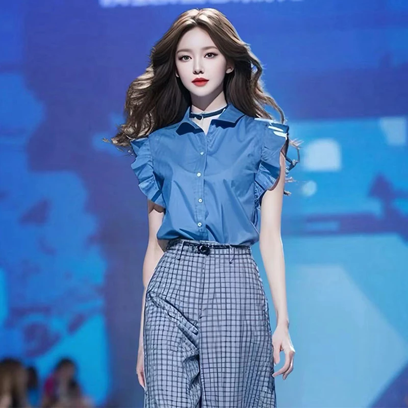 2025气质夏季洋气炸街减龄阔腿松弛感穿搭蓝早秋穿搭法式衬衫套装