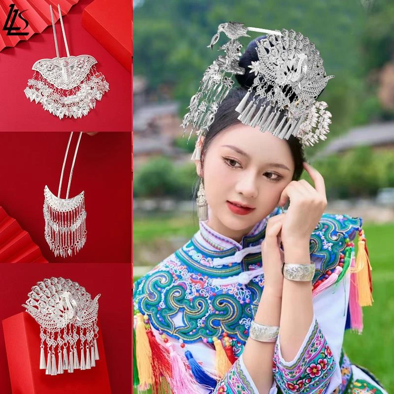 战国袍少数民族头饰侗族苗银发簪流苏发钗汉服簪子舞台演出配饰女