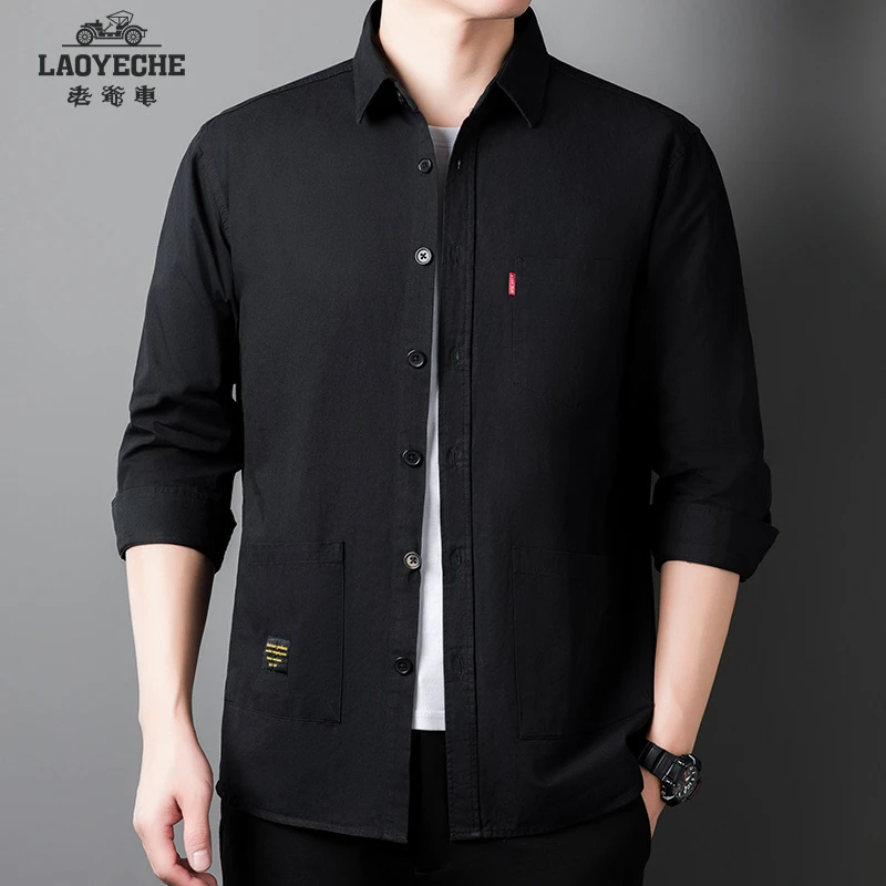 老爷车薄款牛仔衬衫纯色休闲时尚宽松百搭翻领黑色男款衬衣夏季