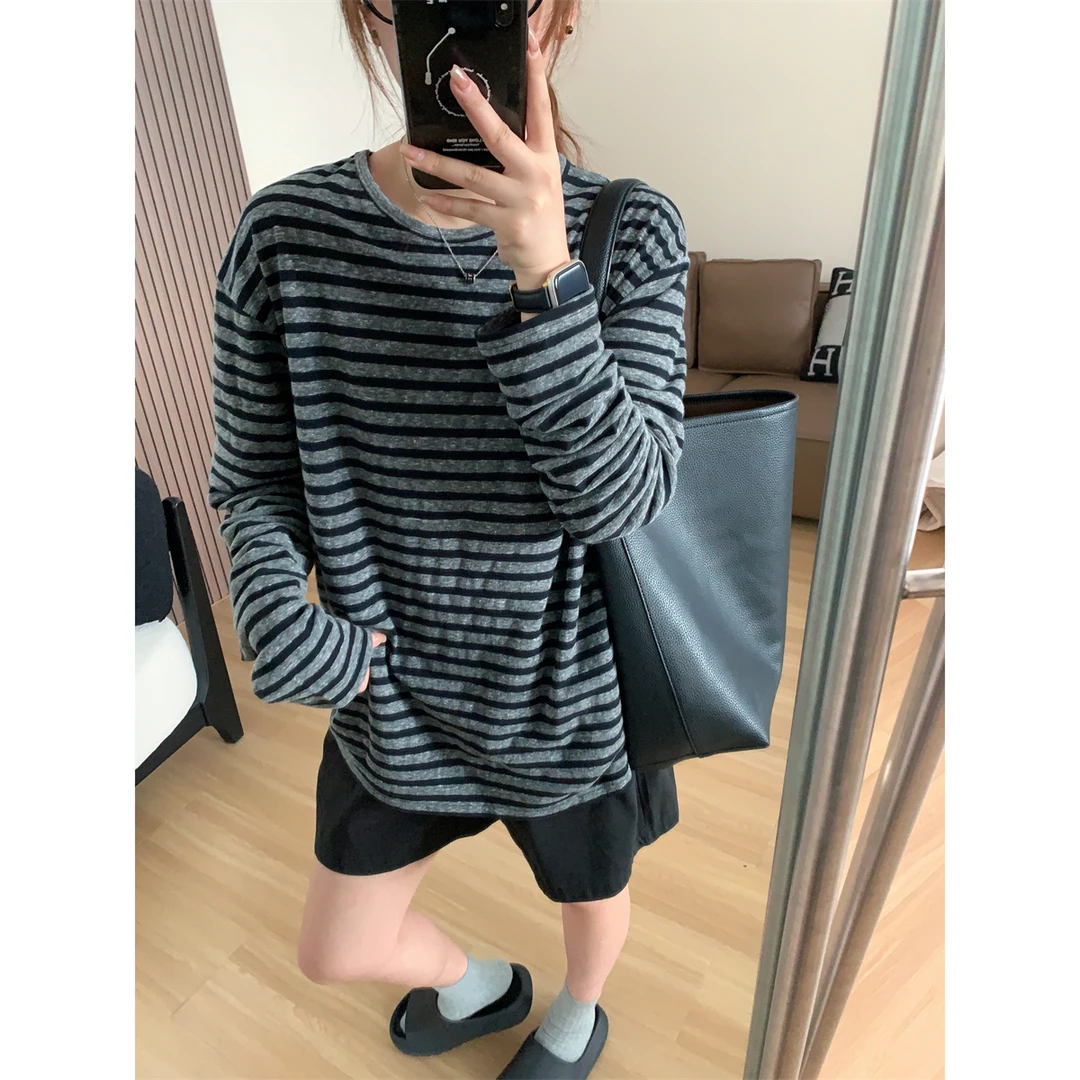 【JMHH】慵懒随性黑灰条纹女秋季洋气宽松显瘦圆领休闲百搭长袖T恤