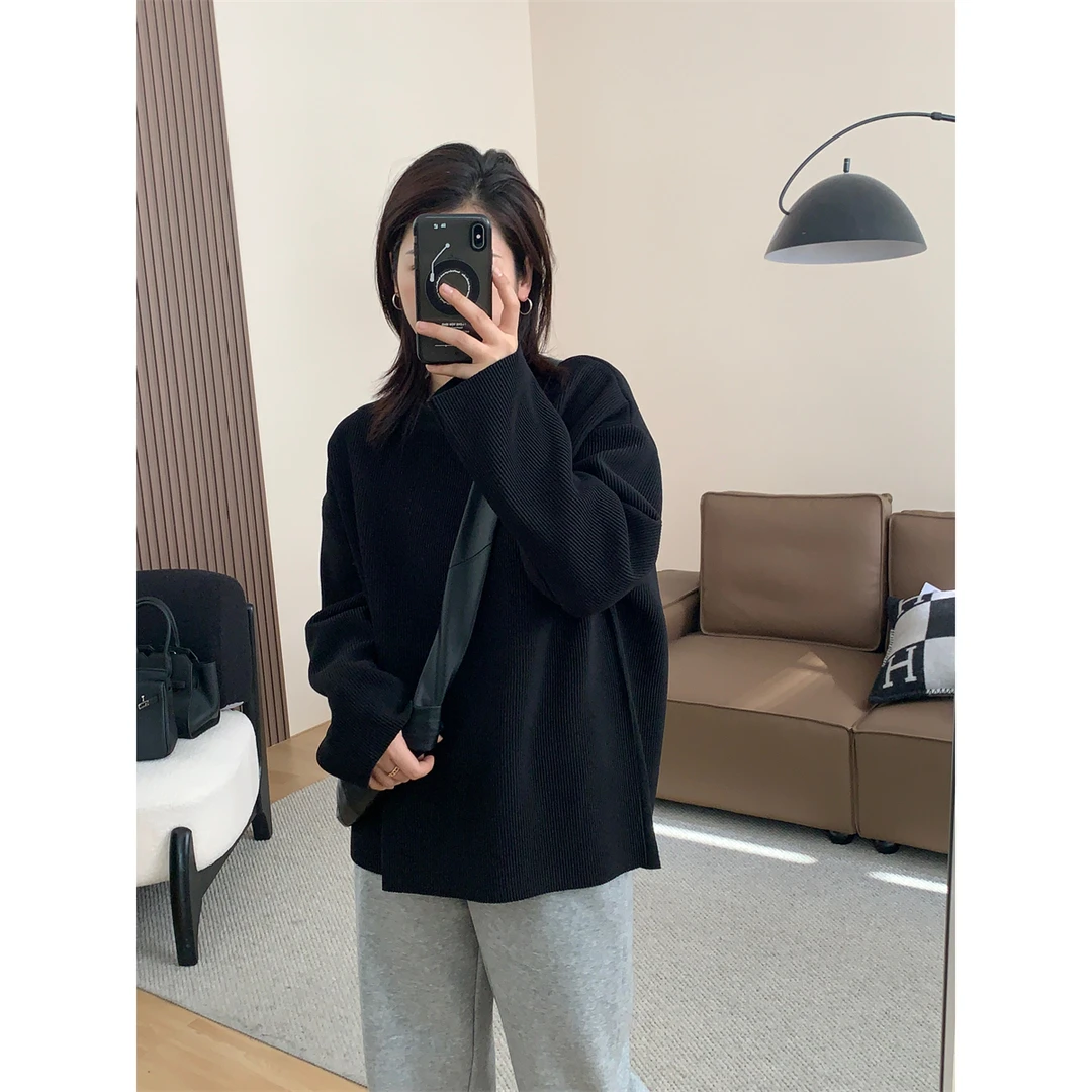 【JMHH】风琴定制小众竖坑条套头圆领加厚加绒卫衣女冬季宽松上衣