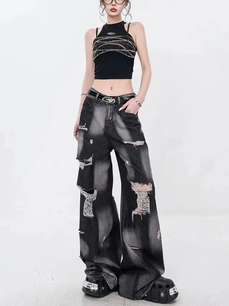 （柠）随机款式炸街黑色渐变破洞牛仔裤