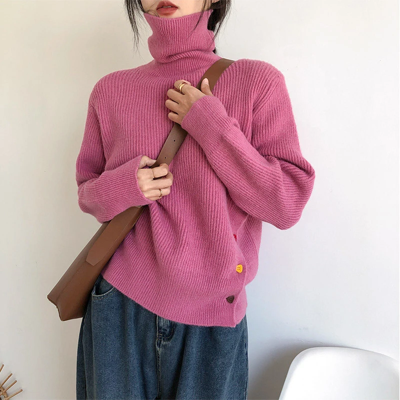 彩色纽扣高领毛衣女秋冬2022新款慵懒风设计高级感针织衫上衣外穿