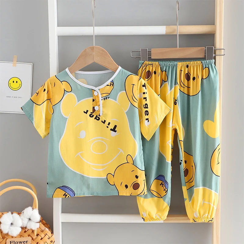 儿童睡衣男童棉绸夏季男孩薄款绵绸小孩人造棉宝宝女童空调家居服