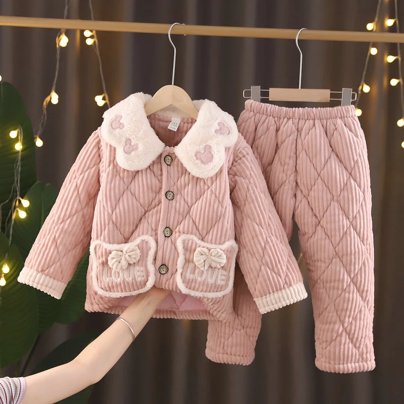 儿童睡衣女童冬季男童法兰绒三层夹棉珊瑚绒加绒加厚款宝宝家居服